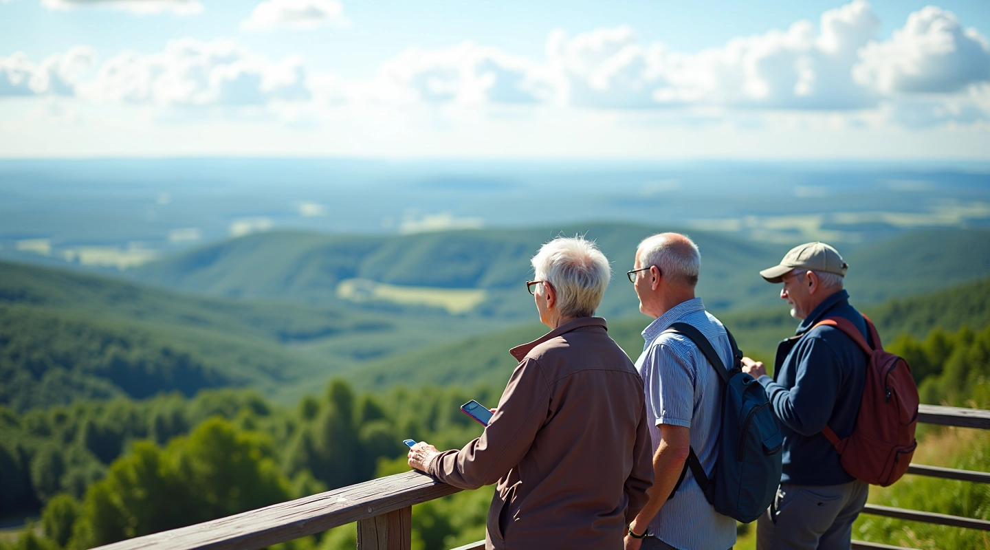 Žmonės stovi apžvalgos bokšto platformoje, matydami plačią žemės panoramą žemiau