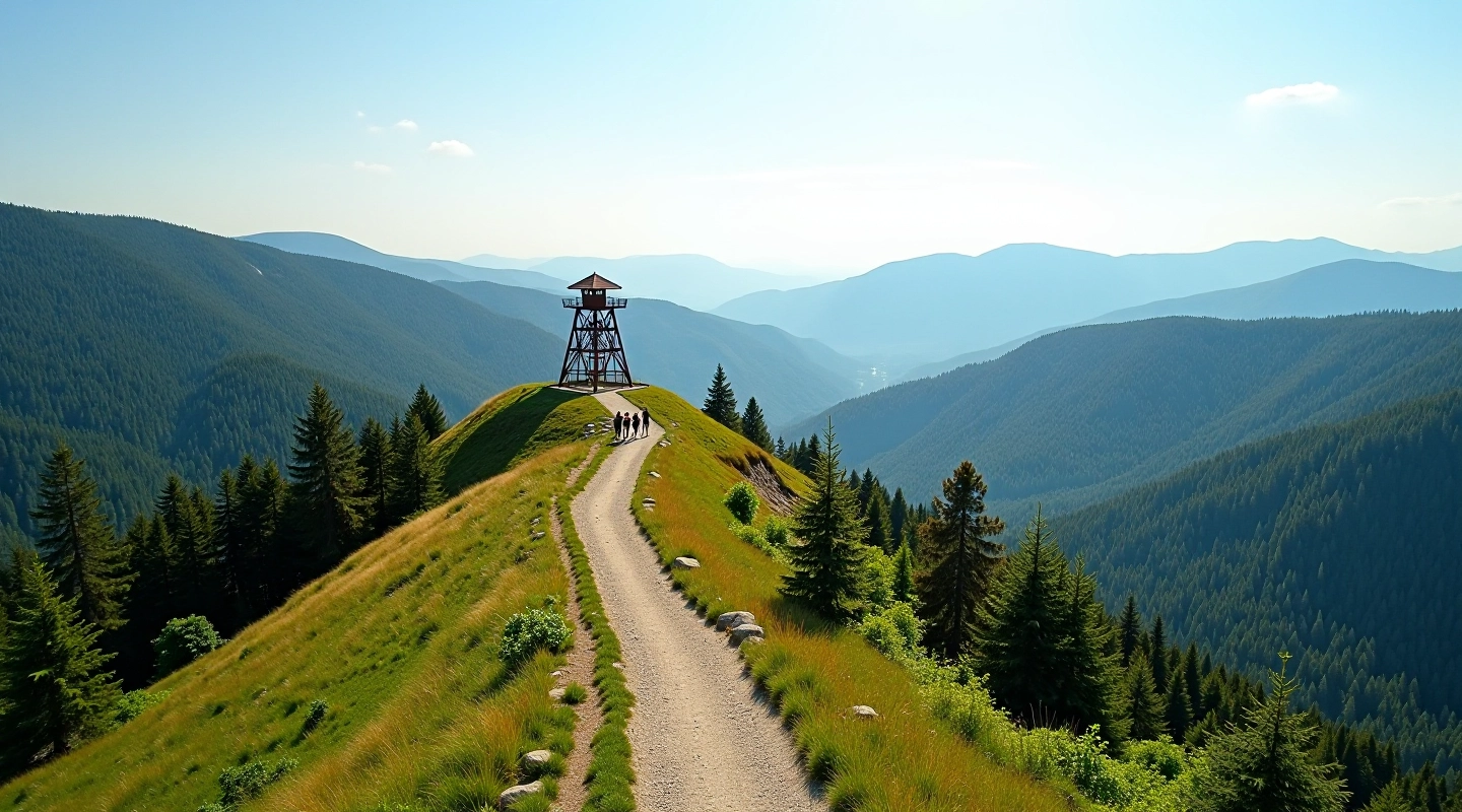 Aukštojo kalno apžvalgos bokštas su žaliomis miško panoramomis