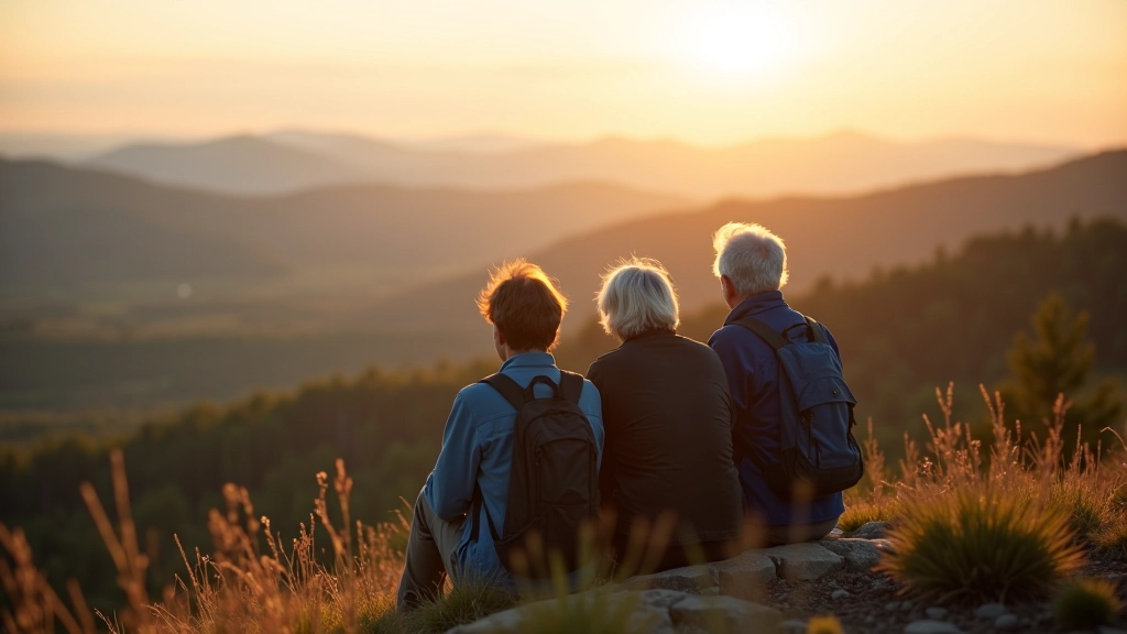 Seniorai pailsėje žiūrėdami į gamtos vaizdą