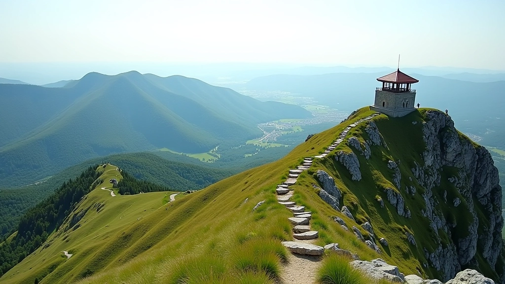 Šlaita žemiau kalno apžvalgos bokšto su plačiu paskydu į dolerius